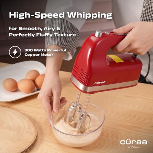 Image of Curaa Hand Mixer 300 Watts for Baking | 5 Speed Control with Turbo Mode | Electric Egg Beater with Whisk & Dough Hooks | Handheld Mixer for Cake, Cream, Dough, Buttermilk & Whipping | Red