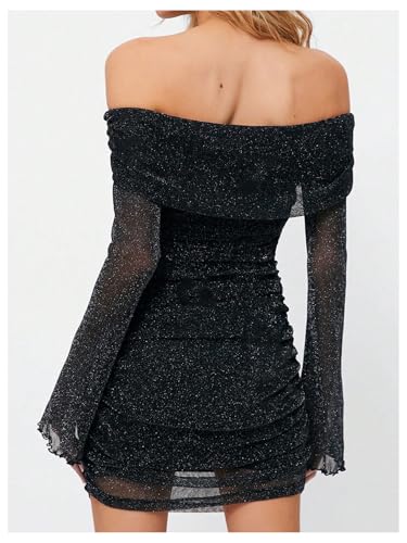 Image of GORGLITTER Women's Off The Shoulder Mesh Mini Dress Long Sleeve Y2K Sexy Ruched Bodycon Birthday Club Party Dresses
