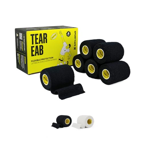 SPORTTAPE 6 Rolls EAB Tape | 7.5cm x 4.5m - Black - Tearable Elastic Adhesive Bandage | Rugby Lifting Tear Light Strapping Tape for Medical Lifting Blocks Knee Strapping Elbow & Wrist