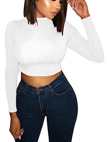 LAGSHIAN Basic Long Sleeve Crop Top, Women's Turtleneck Sexy Casual Top White