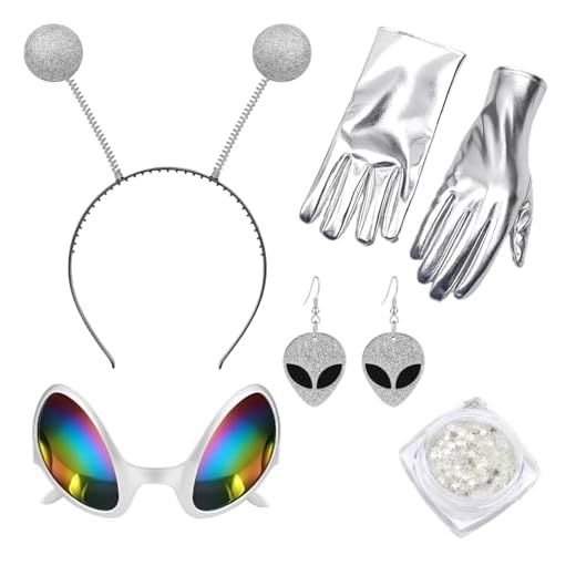 DvBCNMe Alien Kostüm, 5-Teiliges Set Mit Alien Brille, Alien Haarreif, Handschuhen, Sterne-Highlights Und Ohrringen, Ideal Für Halloween, Karneval Und Cosplay