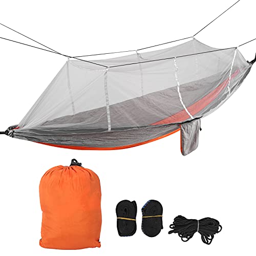 Hamaca para Acampar Simple/Doble con Red de Mosquitos, Hamaca Ligera portátil con Correas de árbol, Ideal para Caminar, mochilero y relajación al Aire Libre (Orange Grey Grey Mesh)