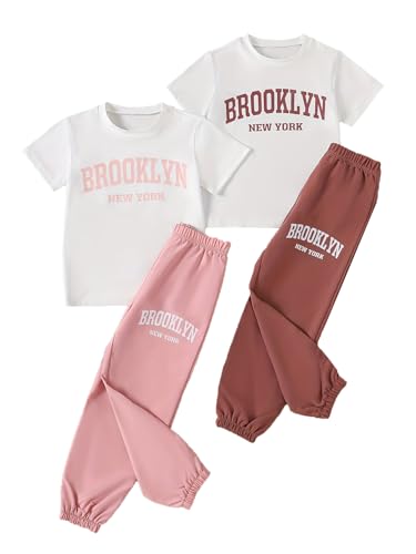 Girls 4 Pieces Outfits Short Sleeve Printed Tee Tops and Pants Set 4-12Y