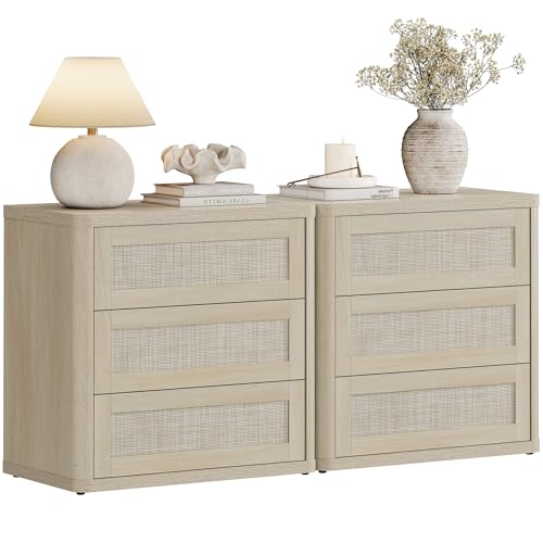 SICOTAS Rattan Nightstand Set of 2, 26.8" Wide Oversized Night Stands with 3 Large Drawers, Boho Bedside & End Tables with Push-Close Drawers and Kid-Safe Rounded Edges for Bedroom Sofa Side, Sand Oak