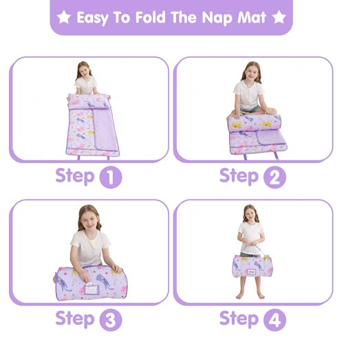 Image of Viviland Toddler Kid Nap Mat for Preschool, Girls Purple Cat Slumber Bag, Daycare Sleeping Bag with Pillow and Blanket, Kindergarten Sleep Mat