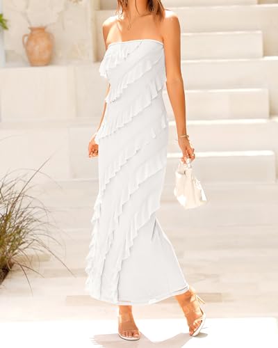 BTFBM Women Summer Elegant Strapless Midi Ruched Bodycon Dress Solid Color Stretch Mesh Slim Party Cocktail Dresses