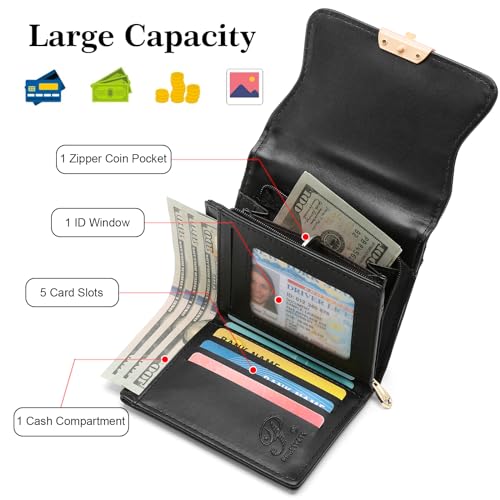 Cute Genuine Leather Wallet for Women RFID Blocking Bifold with Zipper Coin Pocket (Black)2