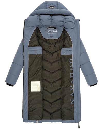 Navahoo Damen Wintermantel Warmer Langer Steppmantel mit Abnehmbarer Kapuze Sahnekatzii XIV Stormy Blue Gr. L