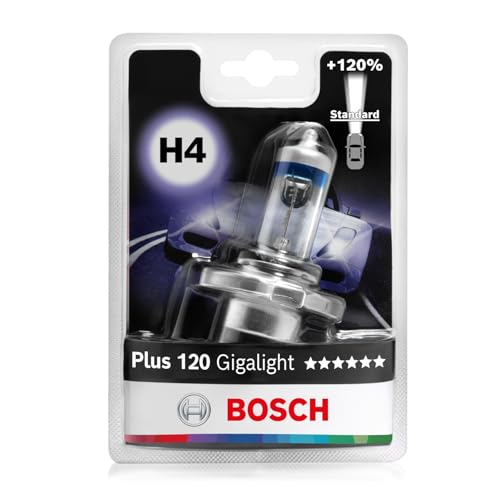 Bosch H4 Plus 120 Gigalight, Lámpara Halógena para Faro Delantero, 12 V 60/55 W, 120% Más Luz - Casquillo Tipo P43t - Recambio de Luz para Coche, Paquete de 1 Lámpara
