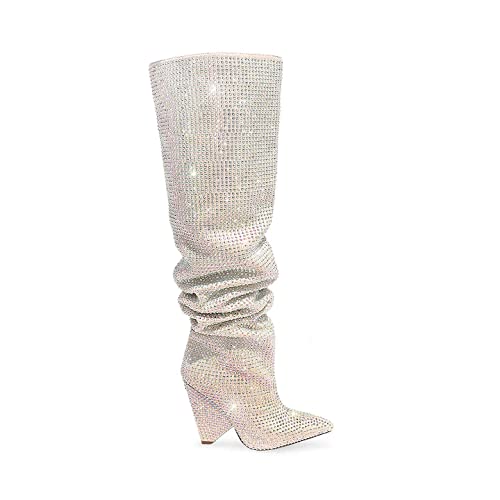 Liliana Women's Pointed Toe Fashion Rhinestones Boots Over Knee High Slouch Boots Nude 8.5