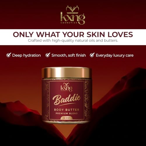 Image of KXNG Cosmetics Organic Shea Body Butter Cream - 4oz | Luxury Moisturizing Cream for Men & Women with Shea, Cocoa & Coconut Oil | Deep Hydration for Dry Skin, Hands & Feet - Baddie