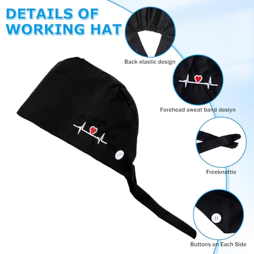 Image of Scrub Caps Women, Adjustable Working Caps with Button & Sweatband, Nurse Caps for Women, Bouffant Cap with Buttons for Women Men, 1Pcs Black