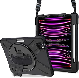 ProCase for iPad Pro 12.9 Case 2022 2021 (6th 5th Generation), Rugged Heavy Duty Shockproof Tough Case, 360° Rotating Hand Strap Protective Cover for iPad Pro 12.9 Inch -Black