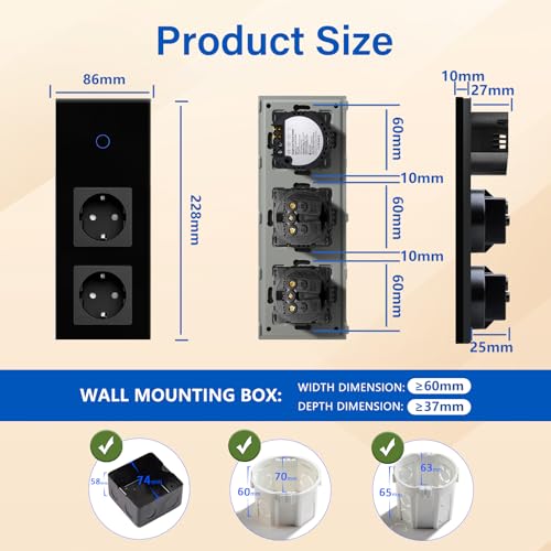 BSEED Touch Lichtschalter mit Steckdosen 1 Fach 1 Weg Wandschalter mit doppelten Steckdosen Unterputz Touchscreen-schalter mit Glasrahmen 228mm Schwarz