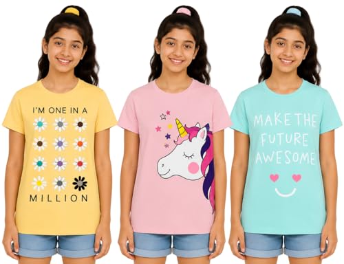 Image of Clotth Theory Girls Super Combed Cotton Regular Fit Round Neck Printed Short Sleeve Tshirt -Combo Pack of 3