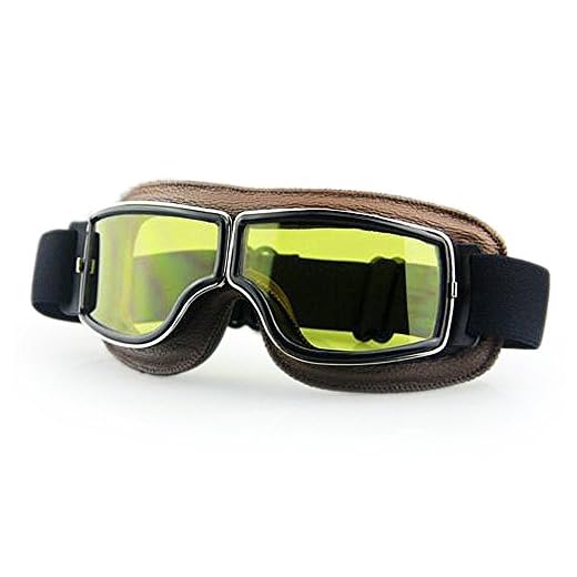 LEAGUE&CO Gafas de Moto Retro Vintage Gafas de Protección Gafas Piloto Gafas de Aviador, Gafas para Casco Harley Davidson Dyna Touring Trike Motocross Marco Marron, Lente Amarillo