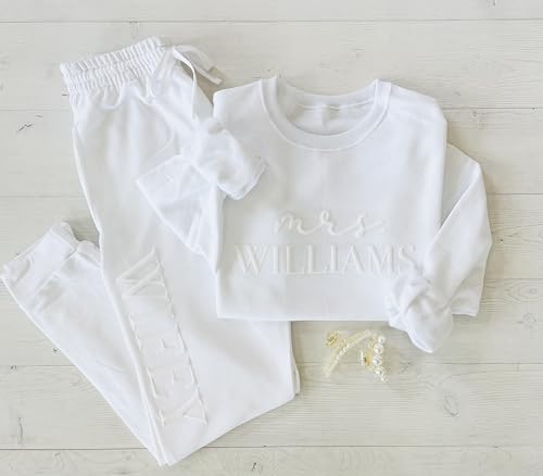 Up2ournecksinfabric - Peronalized Gift - Embossed Bridal Gift Set - Mrs. Sweatshirt - New Mrs. Set - Mrs. Sweatshirt - Wifey Sweatpants - New Mrs. - Honeymoon Outfit - New Mrs. Joggers3