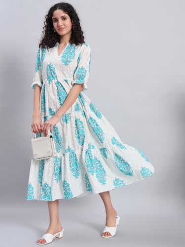 Image of PIDAVLIYA'S Women's Floral Summer Maxi Dress I Cotton Printed I One Piece Bodycon Midi Dress with V-Neck, Puffed Sleeves