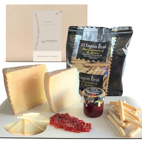 Amaisso® Caja de Quesos Regalo Gourmet | Cestas Regalo | Surtido 2 Cuñas Queso Curado, Mermelada Artesana y Picos de Pan | Quesos Artesanos | Queso Manchego y Queso Payoyo | 'Pack Picoteo'