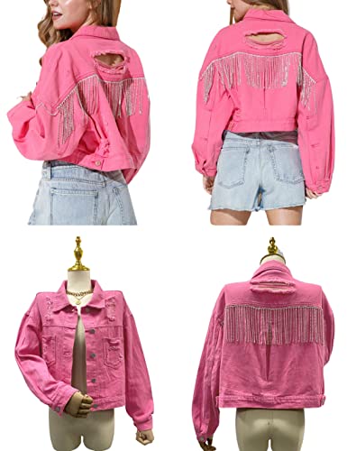 Loveims Women's Casual Cropped Fringe Rhinestones Cut Out Back Ripped