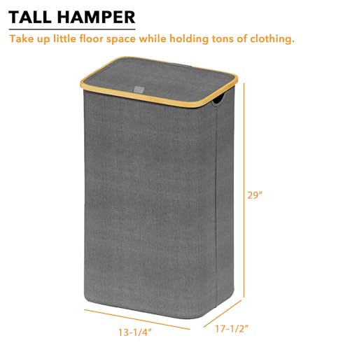 SpaceAid Laundry Hamper with Lid, 110L Large Tall Clothes Basket Bin with Bamboo Handles, Collapsible Laundry Hamper for Bedroom, Bathroom, Dorm, Laundry Room - Grey