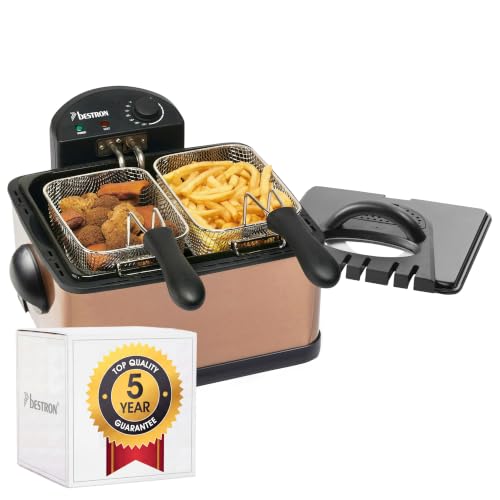 Bestron Freidora de aceite XL con 3 cestas de freír, incluye tecnología de zona fría y depósito de aceite extraíble, 4 litros, apta para lavavajillas, 2000 W, acero inoxidable, color cobre