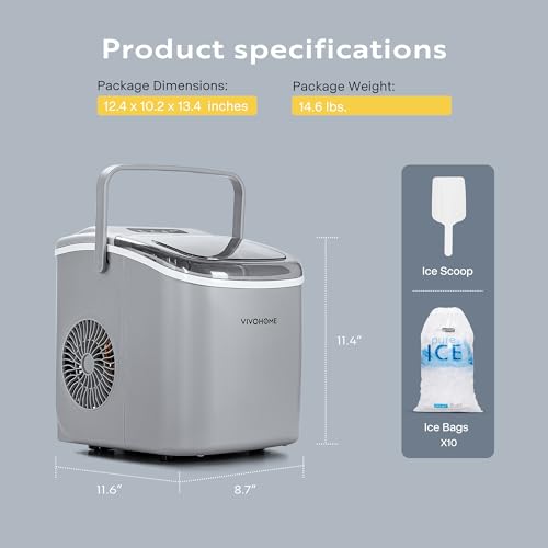 Image of VIVOHOME Electric Portable Compact Countertop Automatic Ice Cube Maker Machine with Handle Hand Scoop 10 Ice Bags and Self Cleaning Function 26lbs /Day Silver, VH1245US