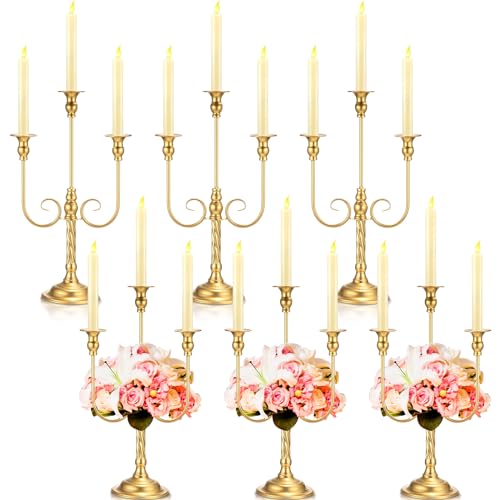 Rtteri 6 Pcs Gold Candelabra Candlestick Holder 3 Arm 20'' Tall Metal Candle Stand Candelabra Taper Candlesticks Holders Set for Table Centerpieces Wedding Christmas Holiday Birthday Party Decor