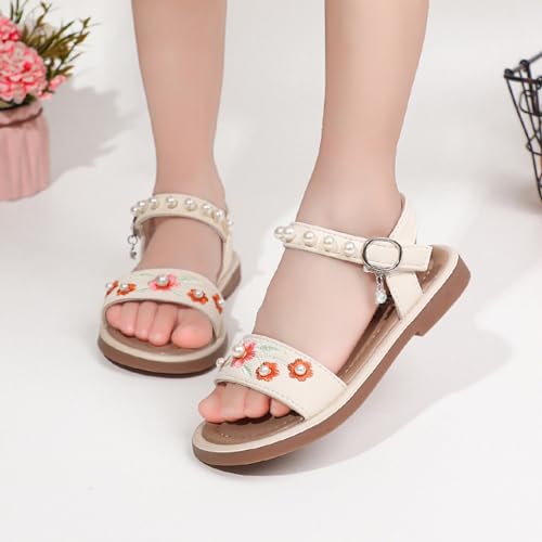 Girls Dress Sandals Kids Floral Embroidered Open Toe School Casual Pearls Ankle Strap Flat Sandal Flower Girl Shoes4