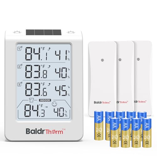 BaldrTherm Solar Photosensitive Three Channel Thermo-Hygrometer, Wireless Temperature & Humidity Monitor with 330ft Range, 4.8' Digital Display, Smart Backlight, Real-Time Alerts, White