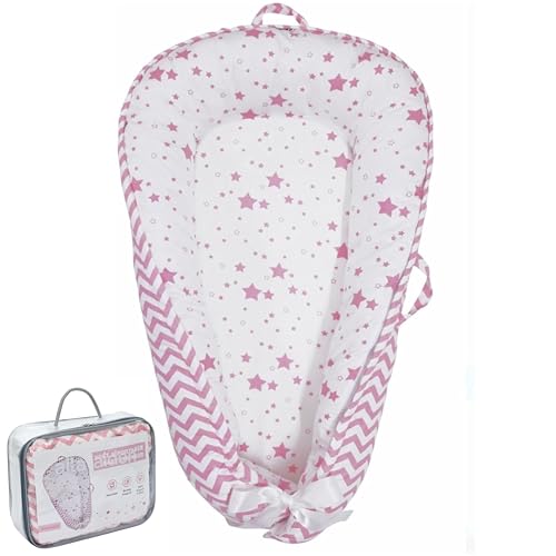 Image of Aila+Aiden Baby Lounger | Organic Cotton Infant Lounger | Reversible, Adjustable & Portable Floor Lounger | Supervised Use | Soft, Breathable, Washable Cover - Star Collection (Pink)