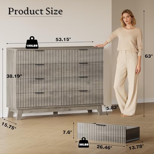 Image of BORNOON 53 inch Wide Dresser for Bedroom, 8-Drawer Fluted Chest of Drawers, Modern Wood Highboy with Metal Slides and Handles, Anti-Tip Kit, Vertical Clothes Storage Organizer for Apartment, Closet