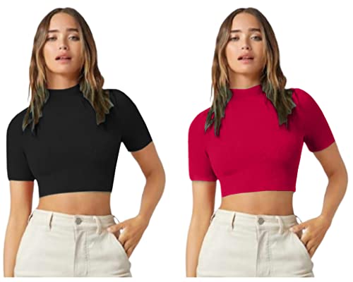 Image of Dream Beauty Fashion Women's Combo Casual High Neck Short Sleeves Stylish Crop Top - Pack of 2-17 inch inches