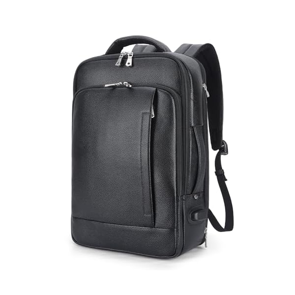 TIDING Men's Leather Business Backpack Fits 15.6 Inch Laptop, Expandable Office Work Casual Daypack with USB Charging Port