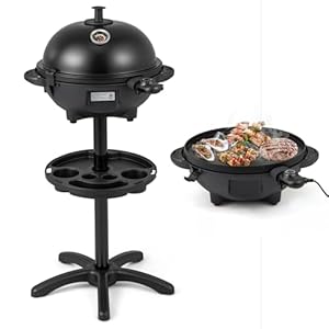 GiantexUK 2-in-1 Electric BBQ Grill, Portable Barbecue Grill Table Grill with 2-Zone Non-Stick Grilling Plate, Condiment Shelf & Stable Base, Removable Stand Patio Grill for Outdoor Indoor Use