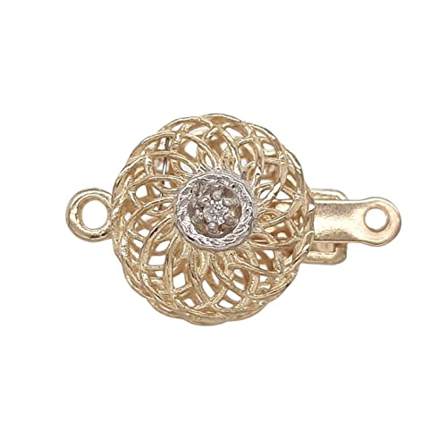 14K Solid Yellow Gold Diamond-Set Filigree Round Safety Clasp 2Pts Diamond Pearl Clasp Pearl And Gemstone Strands By Craft Wire (10Mm, 14K Solid Yellow Gold) #TOP3