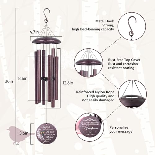 Image of ASTARIN 36 inch Large Deep Tone Personalized Sympathy Wind Chimes, Memorial Wind Chime for Loss of Mother Father Loved One, Bereavement Gifts Decor Outdoor Patio Garden Graveyard, Produced in Texas