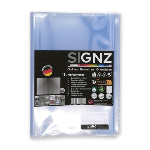 SIGNZ Heftschoner DIN A4, 15 Stück, transparent, starke 140my (0,14mm), glasklar, CO2-neutral hergestellt, made in Germany