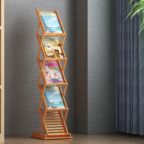 Foldable Bamboo Magazine Rack, Portable Pop-up Display Stand,Magazine Rack Floor 5 Pockets, A4 Size, for Trade Shows, Office, Retail Store