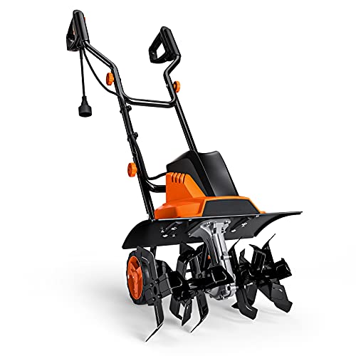 DSF Electric Tiller/Cultivator, 16-INCH Tilling Width, 8-INCH Working Depth, Garden Tiller, 12 Amp, 6 Tines, Foldable Handle, Adjustable Wheels -TGTL02A Orange