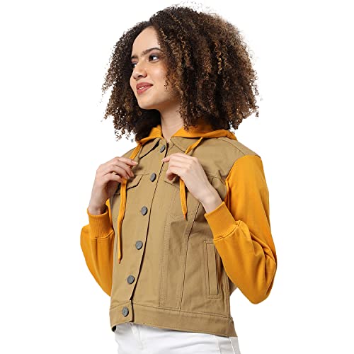 Image of Campus Sutra Women Beige & Yellow Regular Fit Denim Jacket For Winter Wear | Collared Neck | Full Sleeve | Buttoned | Casual Jacket For Woman & Girl | Western Stylish Jacket For Women