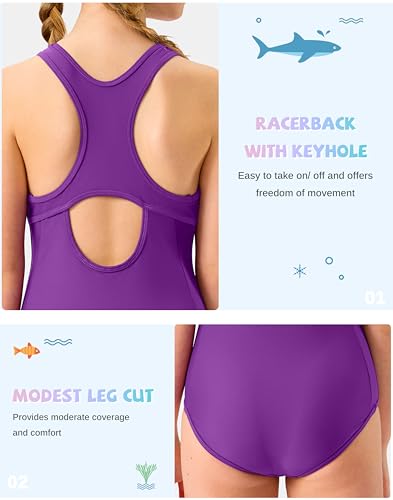 Image of G Gradual Girl's One Piece Swimsuits Racerback Kids Bathing Suit | for Girls 7-16Y, Fully lined for no see-through, Wider straps, UPF 50+, Modest coverage, Swimwear for Swim Team, Beach, Pool