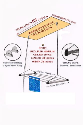 Image of Purnima Marketing PM Heavy Duty Stainless Steel (6 Pipe X 5 Feet) ECODRY Model with UV Protected Nylon Rope Ceiling Cloth Dryer | Cloth Drying Stand for Balcony | Clothes Stand for Drying