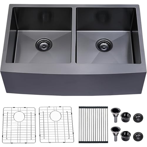 Image of SHACO 33 Inch Black Double Bowl Divided 50 /50 Farmhouse Sink, 33x21 Gunmetal Black Stainless Steel Undermount Apron Front Farm Kitchen Sink