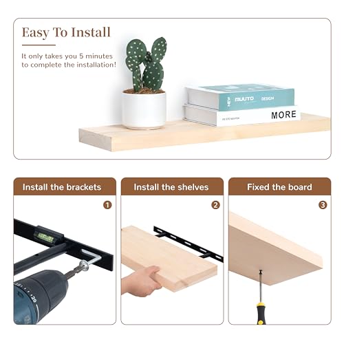 Image of Marsmiles Natural Wood Floating Shelves | 24 Inch Unfinished Wood Wall Shelves Set of 2 | 24 inch W x 6.7 inch D Rustic Wooden Shelves for Bathroom Kitchen Living Room Bedroom