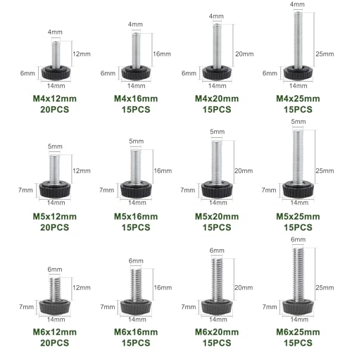 Knpwer 195 Stück 12 Größen Rändelschrauben Set, M4 M5 M6 Carbon Gewinde Rändelschraube, Rändelschraube mit Gewinde,Befestigungsschraube Griffknöpfe,Runder Kopf Rändelschrauben