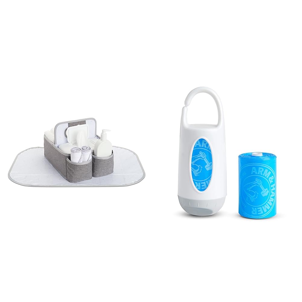 Munchkin Portable Diaper Caddy Grey Organizer and Arm & Hammer 24 Count Lavender Diaper Disposal Bags