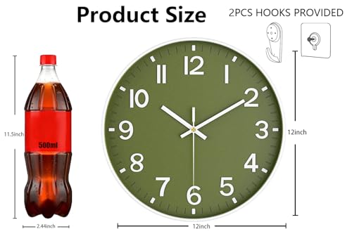 Image of Wall Clocks Battery Operated, 12 Inch Non Ticking Wall Clock, Silent Analog Clock for Bedroom Living Room Kitchen Office Gym Classroom Decor, Large Number Clocks for Seniors, Olive Green