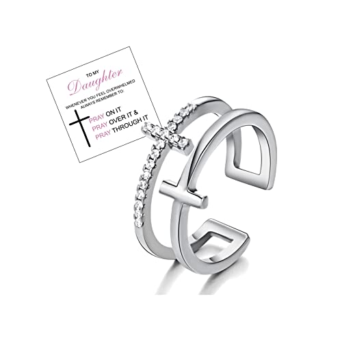 RINHOO To My Daughter/Granddaughter Ring-Pray Through It Cross Ring Double Cross Adjustable Baptism Ring Silver Gold CZ Diamond Creative Wedding Commitment Ring for Woman