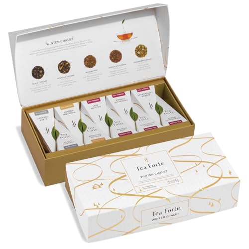 Tea Forte Winter Chalet Premium Petite Presentation Box Gift Set Sampler, 10 Count, 2 of Each Blend Individually Wrapped Handcrafted Pyramid Infuser Bags